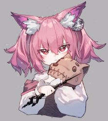 Rule 34 | 1girl, absurdres, animal ear fluff, animal ears, arknights, beudelb, closed mouth, commentary, cropped torso, fox ears, fox girl, grey background, highres, holding, long sleeves, looking at viewer, morte (arknights), pink hair, red eyes, shamare (arknights), shirt, short hair, simple background, solo, stuffed wolf, twintails, white shirt