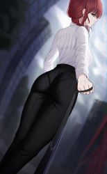 Rule 34 | 1girl, alfa (alpharig), bad id, bad pixiv id, black pants, blurry, blurry background, braid, braided ponytail, breasts, chainsaw man, city, closed mouth, commentary, depth of field, dutch angle, english commentary, feet out of frame, formal, from behind, highres, holding, holding leash, leash, long sleeves, looking at viewer, looking back, makima (chainsaw man), medium breasts, medium hair, necktie, office lady, outdoors, pants, pantylines, pov, red hair, ringed eyes, shirt, sidelocks, standing, viewer on leash, white shirt, yellow eyes