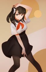 Rule 34 | 1girl, 3four, :&gt;, black hair, breasts, brown eyes, closed mouth, commentary, gatchaman crowds, hair ornament, high-waist skirt, highres, ichinose hajime, large breasts, long hair, looking at viewer, pantyhose, school uniform, skirt, smile, solo, v