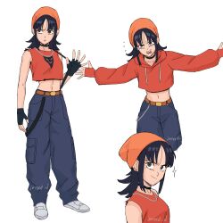 Rule 34 | 1girl, absurdres, aged up, black choker, black hair, chain, chain necklace, choker, commentary, cropped hoodie, cropped shirt, dragon ball, dragon ball super, earrings, english commentary, eyebrow piercing, fingerless gloves, flying sweatdrops, genniax, gloves, hat, highres, hood, hoodie, jewelry, looking at viewer, medium hair, midriff, multiple earrings, multiple views, navel, necklace, pan (dragon ball), piercing, shirt, signature, sleeveless, sleeveless shirt, smile, sparkle, suspenders, suspenders pull, suspenders slip, white background