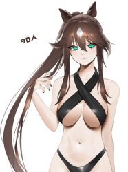 Rule 34 | 1girl, animal ears, arknights, bare arms, bare shoulders, bikini, black bikini, black nails, breasts, brown hair, commentary request, criss-cross halter, green eyes, groin, hair between eyes, halterneck, hand up, highres, horse ears, large breasts, long hair, looking at viewer, meteor (arknights), nail polish, navel, norunollu, simple background, smile, solo, stomach, swimsuit, upper body, very long hair, white background
