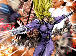 Rule 34 | 1boy, battle, blonde hair, bodysuit, building, claw (weapon), hokuto no ken, long hair, looking at viewer, male focus, outstretched arms, patsuki, ruins, shin (hokuto no ken), skin tight, skyscraper, solo, very long hair, weapon