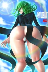 Rule 34 | 1girl, absurdres, artist name, ass, ass focus, back, black dress, blue sky, cameltoe, cleft of venus, closed mouth, cloud, cowboy shot, curly hair, dated, day, dress, evil-dei, from behind, from below, green eyes, green hair, highres, huge ass, kneepits, lips, long sleeves, looking back, matching hair/eyes, one-punch man, panties, short hair, sky, solo, standing, sun, tatsumaki, thong, underwear, white panties