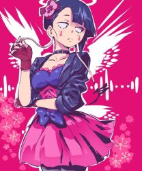 Rule 34 | 1girl, aetherion, alternate costume, angel wings, black hair, boku no hero academia, breasts, dress, facial tattoo, fingerless gloves, gloves, halo, jacket, jirou kyouka, large breasts, pink background, ribbon, serious, short hair, skirt, source request, tagme, tattoo, wings