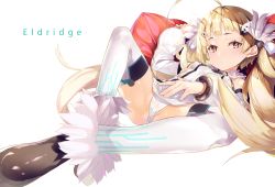 Rule 34 | 1girl, ahoge, azur lane, blonde hair, breasts, character name, closed mouth, eldridge (azur lane), fur trim, furisuku, hair ornament, hand up, long hair, long sleeves, looking at viewer, petite, pillow, sidelocks, simple background, small breasts, solo, spread legs, thighhighs, thighs, white background, white thighhighs, yellow eyes