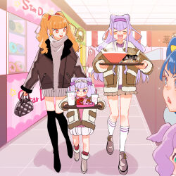 Rule 34 | 6+girls, :&lt;, :d, aged down, aged up, aisaki emiru, bag, black footwear, black jacket, blue eyes, blue hair, blunt bangs, boots, bowl, bright pupils, brown hair, brown jacket, casual, closed eyes, closed mouth, commentary, cone hair bun, cup, disposable cup, double bun, dress, earrings, ellee-chan, frilled hairband, frills, frown, grey dress, grey footwear, grey skirt, hair bun, hair tie, hairband, handbag, highres, hirogaru sky! precure, holding, holding bag, holding tray, hugtto! precure, in-franchise crossover, indoors, jacket, jewelry, long hair, long sleeves, looking at another, medium hair, miniskirt, multiple girls, nijigaoka mashiro, open clothes, open jacket, open mouth, pink hair, pleated skirt, precure, purple eyes, purple hair, purple hairband, red eyes, restaurant, ruru amour, saliva, shirt, shoes, skirt, smile, socks, sora harewataru, sparkle, standing, sweater, sweater dress, thigh boots, time paradox, ton (ton39342104), tray, twintails, walking, white pupils, white shirt, white socks