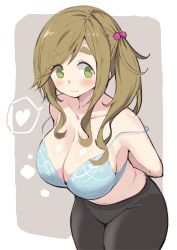 Rule 34 | 1girl, black pantyhose, blue bra, blush, border, bra, breasts, brown hair, cleavage, closed mouth, collarbone, cowboy shot, fang, green eyes, hair bobbles, hair ornament, heart, highres, inuyama aoi, large breasts, leaning forward, looking to the side, panties, panties under pantyhose, pantyhose, shiny skin, side ponytail, sidelocks, skin fang, solo, speech bubble, standing, strap slip, swept bangs, thick eyebrows, thick thighs, thighs, underwear, underwear only, undressing, yabai gorilla, yurucamp