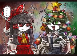 Rule 34 | ..., 2girls, ascot, bell, black hair, blue skirt, blush stickers, bow, candy, candy cane, christmas, christmas lights, christmas ornaments, christmas stocking, colored skin, detached sleeves, food, frog hair ornament, green eyes, green hair, hair between eyes, hair bow, hair ornament, hakurei reimu, hand on own hip, hat, kochiya sanae, laughing, long hair, multiple girls, pointing, red bow, red eyes, red shirt, red skirt, santa hat, shirt, sidelocks, skirt, snake hair ornament, spoken ellipsis, squiggle, suenari (peace), touhou, white shirt, white skin, wide sleeves, yellow ascot