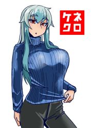Rule 34 | 1girl, alternate costume, aqua hair, black pants, blue sweater, brand name imitation, breasts, brown eyes, commentary, cowboy shot, green hair, heiseikorotaisei, kamishirasawa keine, large breasts, long hair, looking at viewer, multicolored hair, no headwear, no headwear, pants, solo, sweater, thick eyebrows, touhou, translation request, triangle mouth, turtleneck, turtleneck sweater, uniqlo, white background