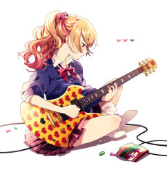 Rule 34 | 1girl, ayumaru (art of life), bear hair ornament, blush, cable, candy, cardigan, collared shirt, electric guitar, expressionless, food, from side, guitar, hair ornament, half-closed eyes, heart, heart print, indian style, instrument, jelly bean, long hair, long sleeves, looking down, loose socks, music, neck ribbon, no shoes, orange hair, original, plaid, plaid skirt, playing instrument, pleated skirt, print guitar, profile, red eyes, ribbon, school uniform, shirt, sitting, skirt, sleeves pushed up, socks, solo, twintails, wrapper