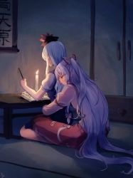 Rule 34 | 2girls, arm strap, baggy pants, blue dress, blue hair, book, bow, calligraphy brush, candle, closed mouth, commentary, dress, elosia, fujiwara no mokou, full body, hair bow, hat, hug, hug from behind, indoors, kamishirasawa keine, long hair, long sleeves, multiple girls, ofuda, ofuda on clothes, open book, paintbrush, pants, pinafore dress, puffy short sleeves, puffy sleeves, red pants, sad, scroll, seiza, shirt, short sleeves, sitting, sleeveless dress, sliding doors, tokin hat, touhou, very long hair, white bow, white hair, white shirt