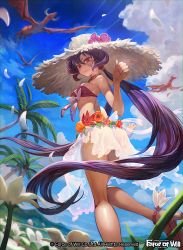Rule 34 | 1girl, bikini, breasts, closed mouth, copyright name, flower, force of will, hat, lack, long hair, looking at viewer, looking back, medium breasts, official art, purple hair, red eyes, see-through, see-through skirt, sideboob, skirt, smile, solo, standing, straw hat, striped bikini, striped clothes, swimsuit, very long hair, zero (force of will)