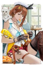 Rule 34 | 1girl, atelier (series), atelier ryza, atelier ryza 1, belt, beret, black gloves, braid, brown eyes, brown hair, cat, earrings, food, fruit, gloves, hair ornament, hat, highres, indoors, jewelry, key, key necklace, looking at viewer, mouth hold, necklace, orange (fruit), red shorts, reisalin stout, shiren (ourboy83), shorts, side braid, sitting, sleeveless, solo, tecmo, thighs, white cat, white hat, window