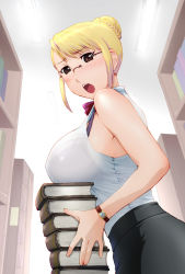 Rule 34 | 1girl, :o, bare shoulders, blonde hair, book, bra, breast rest, breasts, brown eyes, carried breast rest, carrying, ceiling, fluorescent lamp, glasses, hair bun, indoors, lace, lace-trimmed bra, lace trim, large breasts, librarian, library, lingerie, looking at viewer, mature female, open mouth, original, rimless eyewear, see-through, short hair, sidelocks, sleeveless, solo, ueyama michirou, underwear, watch, wristwatch