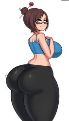 Rule 34 | 1girl, absurdres, ass, bare shoulders, breasts, brown eyes, brown hair, butt crack, drunkavocado, from behind, glasses, hair bun, hair ornament, highres, huge ass, huge breasts, jiggle, looking at viewer, looking back, mei (overwatch), overwatch, overwatch 1, pants, shiny clothes, shiny skin, short hair, sideboob, single hair bun, smile, solo, spandex, sports bra, thick thighs, thighs, tight clothes, tight pants, wide hips