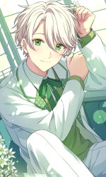 Rule 34 | 1boy, arms up, blush, bow, bowtie, clenched hands, collared shirt, commentary request, formal, green bow, green bowtie, green eyes, green vest, highres, hinase midori, jacket, knee up, long sleeves, looking at viewer, male focus, on air!, pants, sekina, shirt, short hair, sitting, smile, solo, suit, vest, white haori, white jacket, white pants, white shirt, white suit, window
