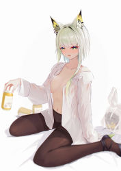 Rule 34 | 1girl, alcohol, animal ear fluff, animal ears, arknights, bag, beer can, black footwear, black panties, black pantyhose, blush, breasts, can, collarbone, dress shirt, drink can, drunk, green eyes, green hair, holding, holding can, kal&#039;tsit (arknights), large breasts, navel, open clothes, open mouth, open shirt, panties, panties under pantyhose, pantyhose, plastic bag, shirt, shoes, short hair, shuixi, simple background, sitting, solo, thighband pantyhose, underwear, wariza, white background, white shirt