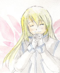 Rule 34 | 00s, 1girl, blonde hair, colette brunel, closed eyes, gloves, holding hands, long hair, lowres, own hands clasped, own hands together, smile, solo, tales of (series), tales of symphonia, white gloves