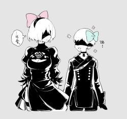 Rule 34 | 1boy, 1girl, blindfold, breasts, choker, cleavage, cleavage cutout, clothing cutout, covered eyes, fishine, hairband, medium breasts, mole, mole under mouth, nier (series), nier:automata, ribbon, short hair, side slit, spot color, thought bubble, translated, 2b (nier:automata), 9s (nier:automata)