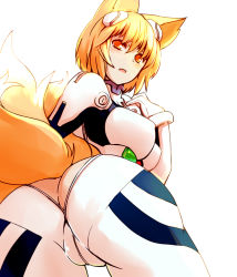 Rule 34 | 1girl, animal ears, ass, ayanami rei, ayanami rei (cosplay), blonde hair, blush, bodysuit, breasts, cameltoe, cosplay, dearmybrothers, covered erect nipples, female focus, fox ears, fox tail, hair ornament, highres, large breasts, multiple tails, neon genesis evangelion, open mouth, parody, plugsuit, skin tight, solo, tail, touhou, white background, yakumo ran, yellow eyes