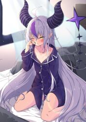 Rule 34 | 1girl, ahoge, alternate costume, black horns, black nails, braid, braided bangs, breasts, cleavage, collarbone, commentary, grey hair, hand on own face, highres, hololive, horns, la+ darknesss, long hair, looking at viewer, messy hair, multicolored hair, nail, nail polish, namikawa kuroha, one eye closed, pajamas, pointy ears, purple hair, purple pajamas, sitting, small breasts, streaked hair, striped horns, twintails, virtual youtuber, wariza