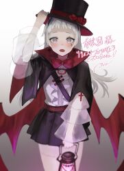 Rule 34 | 1girl, absurdres, aiv, arknights, black capelet, black hat, black skirt, bow, bowtie, capelet, cosplay, cowboy shot, fangs, gradient background, grey background, grey eyes, grey hair, halloween costume, hand on headwear, hand up, hat, head wings, highres, holding, holding lantern, irene (arknights), lantern, long hair, long sleeves, looking at viewer, low wings, open mouth, red bow, red bowtie, scar, scar across eye, shirt, simple background, skirt, solo, top hat, warfarin (arknights), warfarin (arknights) (cosplay), warfarin (the feast) (arknights), white shirt, wings