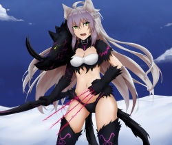 Rule 34 | 1girl, agrius metamorphosis, animal ears, atalanta (fate), atalanta alter (fate), breasts, cleavage, collar, dark persona, fate/apocrypha, fate (series), green eyes, hair between eyes, highres, holding, holding weapon, long hair, medium breasts, midriff, multicolored hair, multiple tails, navel, purple hair, seaweed2017, slit pupils, solo, spoilers, tail, thighhighs, two-tone hair, two tails, very long hair, weapon