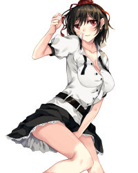 Rule 34 | 1girl, belt, black hair, breasts, cleavage, commentary request, hat, hat ribbon, looking at viewer, open clothes, open shirt, puffy short sleeves, puffy sleeves, red eyes, ribbon, rinarisa, shameimaru aya, shirt, short sleeves, simple background, skirt, solo, tokin hat, touhou, upskirt