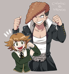Rule 34 | 2boys, :d, belt, black coat, black pants, black ribbon, blush, brown hair, character name, clenched hands, coat, collarbone, commentary request, danganronpa: trigger happy havoc, danganronpa (series), flexing, flipped hair, fujisaki chihiro, furukawa (yomawari), green shirt, grey background, grin, hand on own arm, hands up, highres, long sleeves, looking at another, looking at viewer, male focus, multiple boys, neck ribbon, one eye closed, owada mondo, open mouth, pants, pectoral cleavage, pectorals, ribbon, shirt, simple background, smile, teeth, upper body, upper teeth only