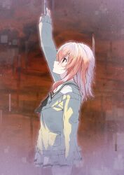Rule 34 | 1girl, glitch, hair between eyes, highres, kimi to kanojo to kanojo no koi., long hair, mukou aoi (totono), nitroplus, pink hair, red eyes, red sky, school uniform, simple background, sky, solo, takepoison, upper body