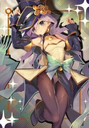 Rule 34 | 1girl, bare shoulders, blue bow, blue eyes, bow, breasts, cleavage, collarbone, detached sleeves, dress, duel monster, eye of horus, hair between eyes, hat, long hair, long sleeves, medium breasts, nightmare apprentice, pantyhose, purple hair, ro g (oowack), second-party source, solo, witch hat, wizard hat, yu-gi-oh!