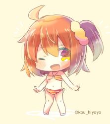 Rule 34 | 1girl, ;d, ahoge, bare arms, bare legs, bare shoulders, bikini, blush, brown eyes, brown hair, chibi, commentary request, fate/grand order, fate (series), fujimaru ritsuka (female), fujimaru ritsuka (female) (brilliant summer), full body, hair between eyes, hair ornament, hair scrunchie, halterneck, kou hiyoyo, looking at viewer, o-ring, o-ring bikini, o-ring top, official alternate costume, one eye closed, one side up, open mouth, orange scrunchie, scrunchie, side-tie bikini bottom, smile, solo, standing, striped bikini, striped clothes, swimsuit, twitter username, white footwear, yellow background