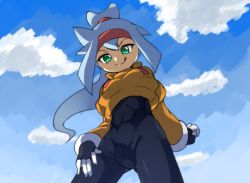 Rule 34 | 1girl, artist request, ashe (mega man), blue hair, bodysuit, breasts, gloves, green eyes, long hair, ponytail, mega man (series), mega man zx, mega man zx advent, solo, source request