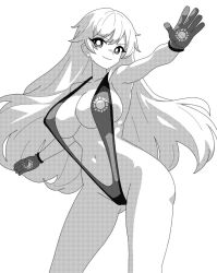 Rule 34 | 1girl, alternate costume, breasts, bright pupils, closed mouth, commentary request, contrapposto, cowboy shot, gloves, greyscale, hijiri byakuren, large breasts, long hair, looking at viewer, monochrome, navel, onkn sxkn, simple background, slingshot swimsuit, smile, solo, swimsuit, touhou