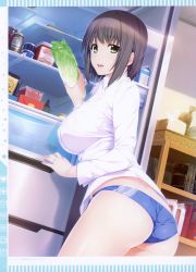 Rule 34 | 1girl, absurdres, ass, black hair, blouse, blue panties, breasts, food, green eyes, highres, holding, huge filesize, iizuki tasuku, indoors, kurihara aiko, large breasts, looking at viewer, looking back, niizuma lovely x cation, open mouth, panties, scan, shirt, short hair, simple background, smile, solo, thighs, underwear, wedgie, white shirt