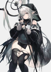 Rule 34 | 1girl, absurdres, ahoge, arknights, black thighhighs, commentary request, crocodilian tail, expressionless, grey background, highres, holding, holding staff, long hair, looking at viewer, pelvic curtain, pointy ears, shirataki jiro, silver hair, simple background, solo, staff, tail, thighhighs, tomimi (arknights), torn clothes, white background, yellow eyes