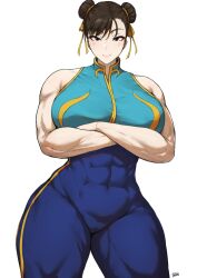 Rule 34 | 1girl, arms under breasts, batako (batakoart), blush, breasts, capcom, chun-li, crossed arms, curvy, double bun, female focus, hair bun, highres, huge breasts, looking at viewer, matching hair/eyes, muscular, muscular female, short hair, solo, street fighter, thick thighs, thighs, wide hips