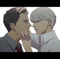 Rule 34 | 2boys, black hair, doujima ryoutarou, face-to-face, facial hair, formal, gb (doubleleaf), letterboxed, looking at another, multiple boys, narukami yuu, necktie, persona, persona 4, shirt, short hair, silver hair, you gonna get raped