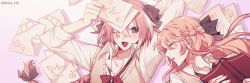 Rule 34 | 1boy, 1girl, :d, astolfo (fate), black bow, blush, book, bow, braid, collarbone, derivative work, closed eyes, eyes visible through hair, fang, fate/apocrypha, fate/grand order, fate (series), french braid, french text, hair between eyes, hair bow, highres, holding, holding book, holding paper, korean commentary, koyashaka, liss meier (koyashaka), long braid, long hair, long sleeves, lying, multicolored hair, neck ribbon, on back, one eye closed, open mouth, orange hair, original, paper, partially undressed, pink hair, purple eyes, red ribbon, ribbon, school uniform, simple background, skin fang, sleeping, smile, streaked hair, trap, twitter username, very long hair, vest, white hair