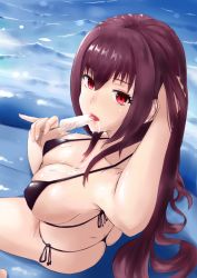 Rule 34 | 1girl, ass, bikini, breasts, butt crack, cleavage, dimples of venus, eating, eyebrows, eyelashes, fate/grand order, fate (series), female focus, food, food on body, food on face, from above, hair between eyes, halterneck, hand in own hair, highres, holding, holding food, large breasts, licking, long hair, looking at viewer, micro bikini, popsicle, purple hair, red eyes, sam desu, scathach (fate), sexually suggestive, side-tie bikini bottom, solo, string bikini, suggestive fluid, swimsuit, thong, thong bikini, very long hair, water