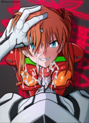 Rule 34 | 1990s (style), 1girl, aftersex, aqua eyes, blush, bodysuit, breast hold, breasts, brown hair, cum, cum on body, cum on breasts, cum on clothes, cum on upper body, the end of evangelion, eyebrows, facial, grabbing another&#039;s hair, grin, hair ornament, hair over eyes, hand on another&#039;s head, hetero, highres, hirume, interspecies, kneeling, large penis, long hair, looking at viewer, looking up, mass production eva, monster, monster boy, naughty face, neon genesis evangelion, orange hair, paizuri, paizuri over clothes, patreon username, penis, pilot suit, plugsuit, pov, pov hands, retro artstyle, skin tight, small breasts, smile, solo focus, souryuu asuka langley, teeth, uncensored, veins, veiny penis