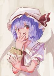 Rule 34 | 1girl, :t, absurdres, bat wings, burger, collared shirt, covering own mouth, eating, food, frilled shirt collar, frilled sleeves, frills, hat, hat ribbon, highres, looking at viewer, mob cap, nepperoni, puffy short sleeves, puffy sleeves, purple hair, red eyes, red nails, remilia scarlet, ribbon, shirt, short hair, short sleeves, touhou, upper body, white headwear, white shirt, wings