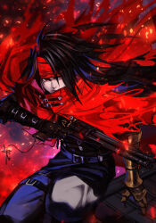 Rule 34 | 1boy, black hair, clawed gauntlets, cloak, final fantasy, final fantasy vii, frown, gauntlets, gloves, gun, handgun, hungry clicker, charm (object), leather, looking to the side, messy hair, pale skin, red eyes, revolver, square enix, torn clothes, vincent valentine, weapon