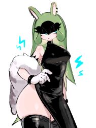 Rule 34 | animal ears, black dress, blue eyes, bracelet, cocktail dress, dress, eyeshadow, fur trim, furry, furry female, gloves, green fur, green hair, highres, jewelry, long hair, looking to the side, makeup, quill, side slit, sonic (series), sonic the hedgehog (idw), spiked bracelet, spikes, surge the tenrec, thick thighs, thighhighs, thighs, usa37107692, wide hips