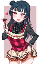 Rule 34 | 10s, 1girl, :d, apron, black shirt, blue hair, blush, breasts, brown background, chocolate, cowboy shot, hair bun, hair ornament, hand up, heart, highres, holding, large breasts, long hair, long sleeves, looking at viewer, love live!, love live! school idol festival, love live! sunshine!!, open mouth, plaid, polka dot, red eyes, shirt, side bun, sidelocks, single hair bun, single side bun, smile, solo, standing, tem10, thighs, tsushima yoshiko, two-tone background, white background