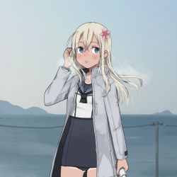 Rule 34 | 1girl, annin musou, bad id, bad twitter id, black sailor collar, black one-piece swimsuit, blonde hair, blue eyes, blush, coat, commentary request, cowboy shot, flower, grey coat, hair between eyes, hair flower, hair ornament, kantai collection, long hair, long sleeves, one-piece swimsuit, pink flower, ro-500 (kancolle), sailor collar, sailor shirt, school swimsuit, shirt, solo, swimsuit, swimsuit under clothes