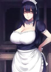 Rule 34 | 1girl, apron, bifidus, black hair, breasts, brown eyes, cleavage, detached collar, expressionless, eyes visible through hair, hand on own hip, huge breasts, large breasts, long hair, looking at viewer, maid, maid headdress, original, puffy short sleeves, puffy sleeves, short sleeves, solo, standing, underbust, waist apron