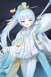 Rule 34 | 1boy, blue eyes, blue hair, blush, character request, high ponytail, highres, holding, holding scythe, jacket, korean clothes, long hair, long sleeves, love mintchoco, open mouth, pants, scythe, smile, solo, tales runner, tassel, very long hair, white jacket, white pants, wide sleeves