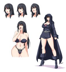 Rule 34 | 1girl, bare arms, bare shoulders, black hair, boots, breasts, character sheet, cleavage, cloak, contrapposto, curvy, devil-v, full body, high heel boots, high heels, highleg, highleg panties, highres, large breasts, legs, lipstick, long hair, makeup, miniskirt, navel, open mouth, original, panties, red eyes, red lips, skirt, solo, standing, stomach, thick thighs, thighs, tongue, tongue out, underwear, witch