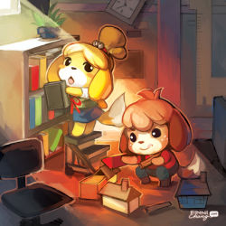 Rule 34 | aged down, animal crossing, animal ears, artist name, blush stickers, book, bookshelf, brother and sister, digby (animal crossing), dog ears, dog girl, finni chang, isabelle (animal crossing), ladder, nintendo, no humans, siblings, stepladder, watermark, web address